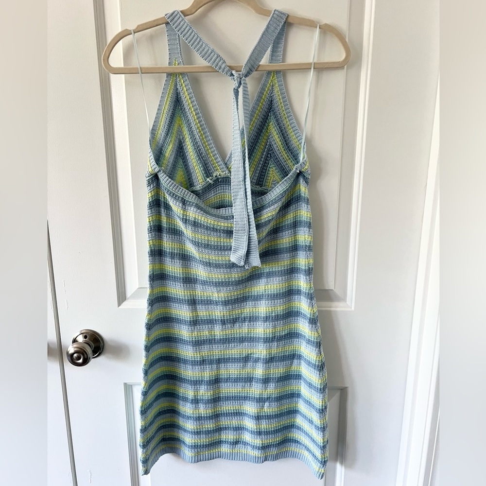 Y2K 90s Blue & Green Striped Crochet Knit Halter Mini Dress Size Medium - Picture 2 of 4